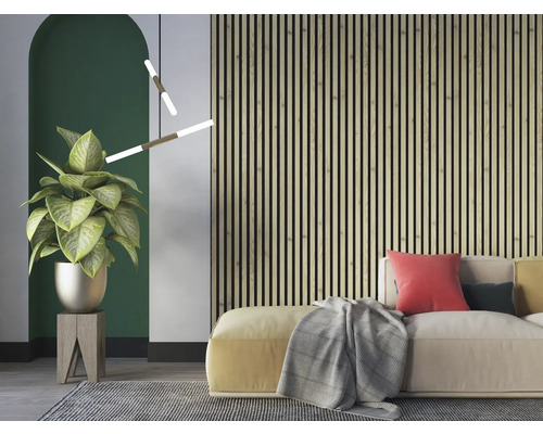 Living cu perete lamelar, canapea, covor, plantă și lampă