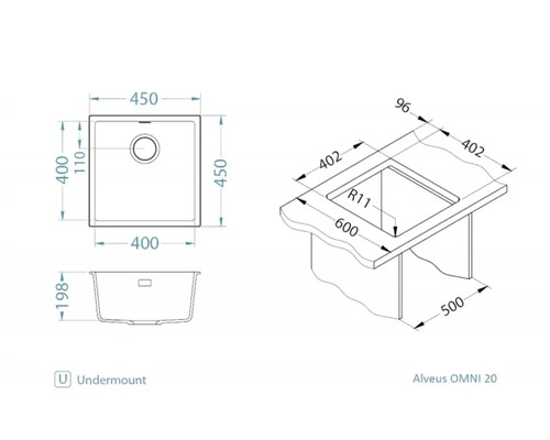 Desen tehnic chiuvetă Alveus OMNI 20 cu dimensiunile 450 x 450 milimetri pentru montaj sub blat