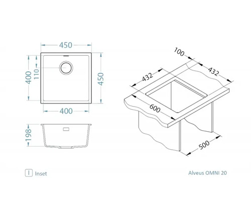 Desen tehnic chiuvetă Alveus OMNI 20 cu indicații de dimensiuni