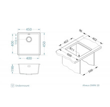 Desen tehnic al chiuvetei Alveus OMNI 20 cu dimensiuni pentru montare sub blat