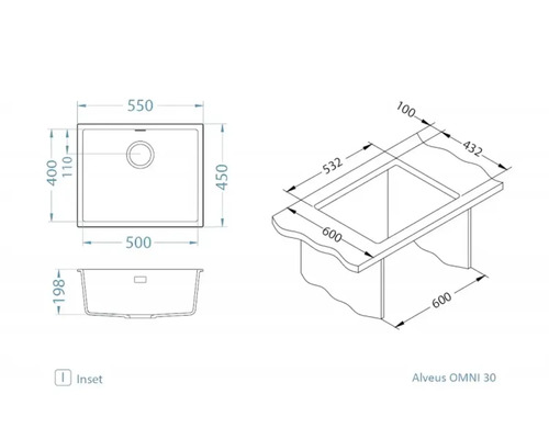 Desen tehnic chiuvetă Alveus OMNI 30 cu indicații de măsurare