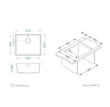 Desen tehnic al chiuvetei Alveus OMNI 30 cu dimensiuni de instalare