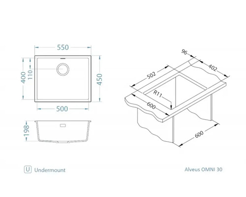 Desen tehnic chiuvetă sub blat Alveus OMNI 30 cu dimensiuni