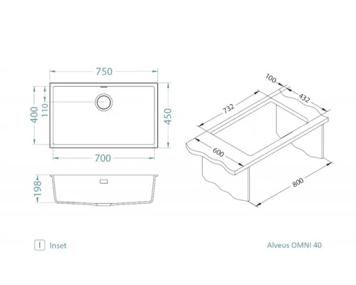 Desen tehnic chiuvetă Alveus OMNI 40 cu dimensiuni