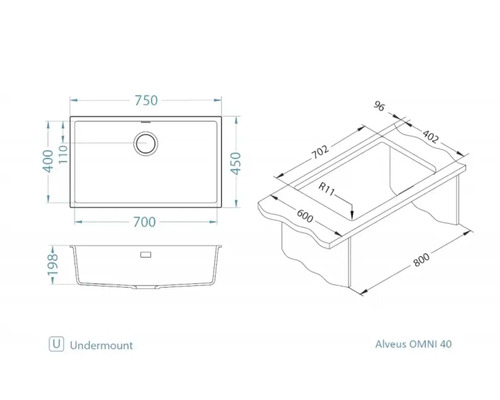 Desen tehnic cu dimensiunile unei chiuvete