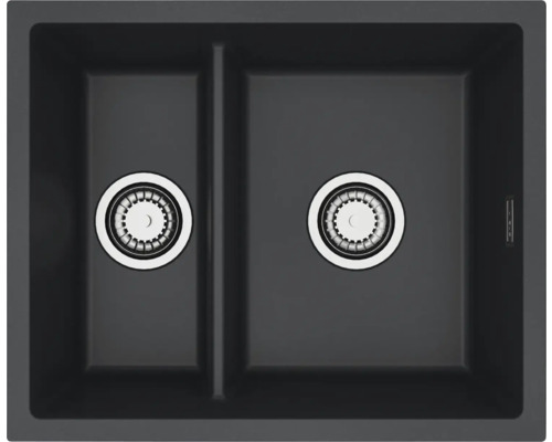 Chiuvetă gri închis cu două cuve și ventile cu coș