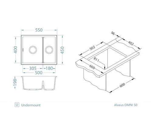 Desen tehnic al unei chiuvete sub blat Alveus OMNI 50 cu dimensiuni