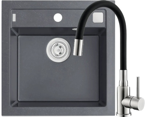 Pachet chiuvetă bucătărie granital 1 cuvă ALVEUS Formic 20 51x52 cm negru ,incl. baterie Flexa Chiuvetă cu robinet flexibil pentru bucătărie