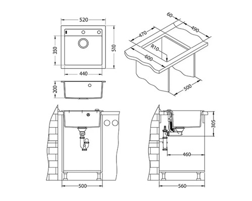 Desen tehnic al unei chiuvete cu dimensiuni