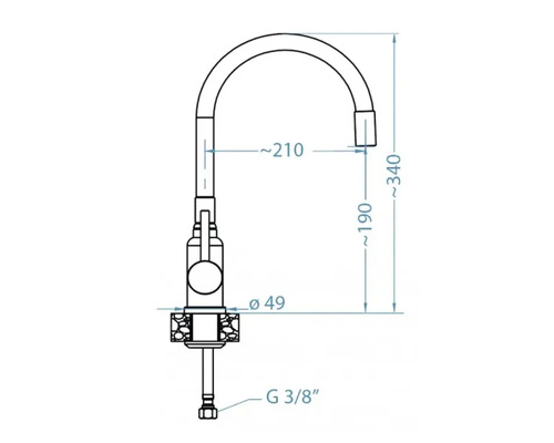 Desen tehnic al unei baterii de bucătărie cu dimensiuni