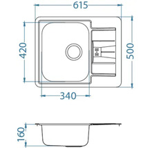 Schiță a unei chiuvete cu dimensiunile 615 x 500 x 160 mm