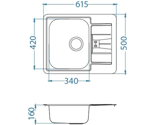 Schiță a unei chiuvete cu dimensiunile 615 x 500 x 160 mm