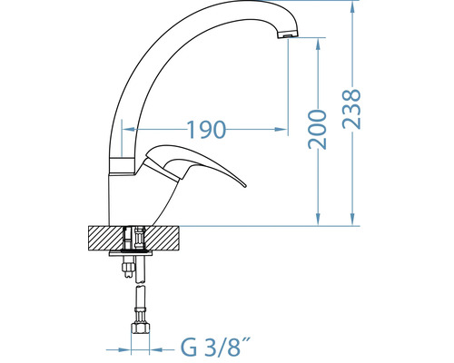 Desen tehnic al unei baterii de bucătărie cu dimensiunile 190, 200, 238 și G 3/8 inch