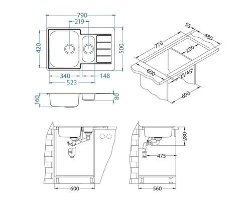 Desen tehnic al unei chiuvete cu dimensiunile corespunzătoare.