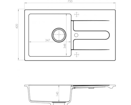 Desen tehnic al unei chiuvete de bucătărie cu dimensiunile 750 x 420 x 140 mm.