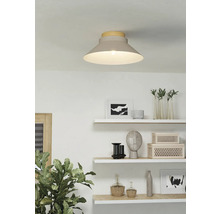 Lumină de plafon din metal și lemn deasupra rafturilor cu articole decorative