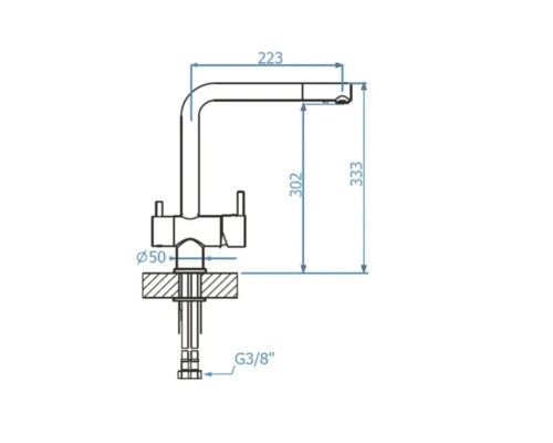 Desen tehnic al unui robinet de bucătărie cu dimensiuni