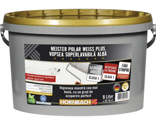 Vopsea lavabilă Meister Polar Weiss Plus fără conservanți 5 l Găleată cu vopsea superlavabilă albă Meister Polar Weiss Plus, 5 litri