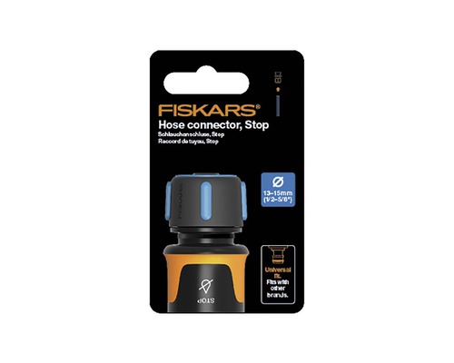 Conector furtun Fiskars cu funcție de oprire, potrivit pentru furtunuri de 13 până la 15 milimetri