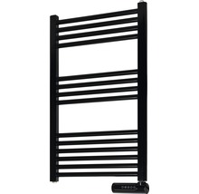 Radiator electric negru pentru prosoape, cu bare de încălzire orizontale pentru încălzirea băii.