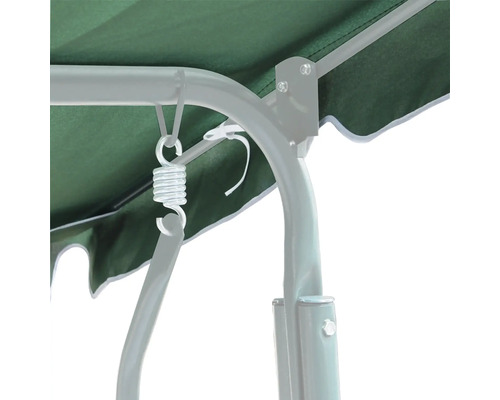 Prim-plan al unui balansoar de grădină cu husă verde și suspensie cu arc argintiu