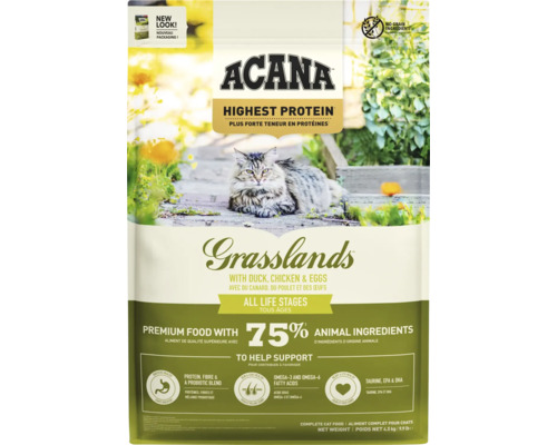 Hrană uscată pentru pisici ACANA Grasslands cu pui, rață, curcan și prepeliță fără cereale 4,5 kg