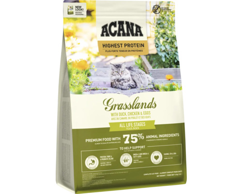 Acana Grasslands hrană pentru pisici cu rață, pui și ouă pentru toate etapele de viață