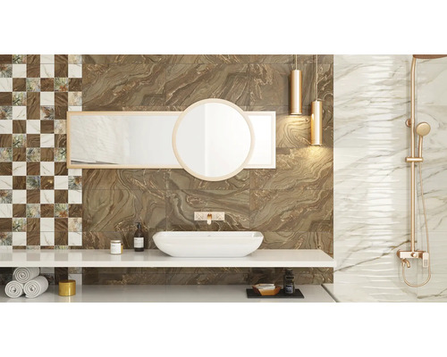 Design modern de baie cu lavoar, oglinzi și diverse plăci de perete