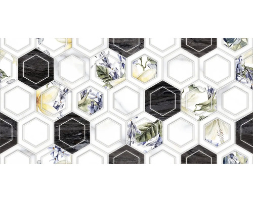 Faianță decorativă rectificată Nobile Hex antracit 30x60 cm Plăci hexagonale cu motive florale și aspect de marmură pentru placări de pereți și pardoseli