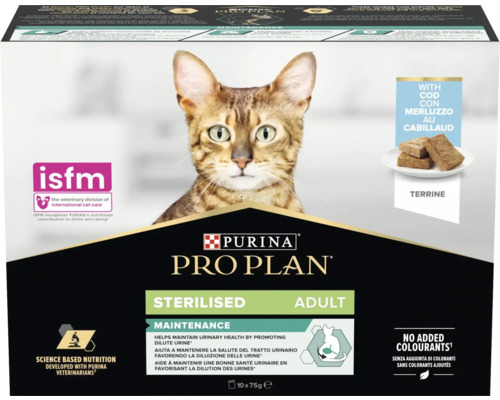 Purina Pro Plan Sterilised Adult hrană pentru pisici cu cod, 10 bucăți x 75 grame