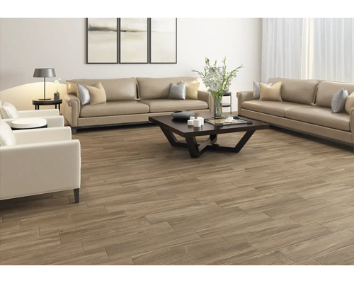 Living luminos cu gresie aspect lemn, canapele și măsuță de cafea