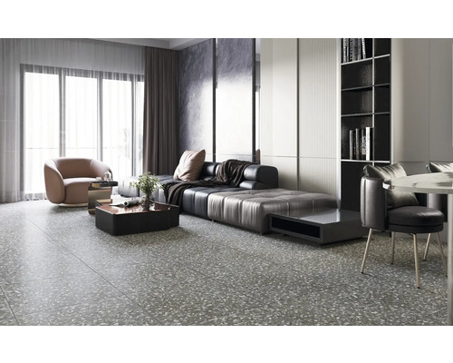 Living cu canapea, fotoliu, masă și bibliotecă