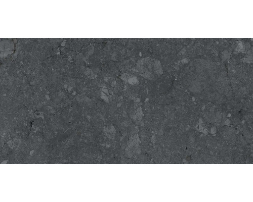 Prim-plan cu o placă de piatră întunecată cu textură pătată.