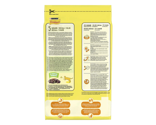 Ambalaj hrană pentru pisici Friskies cu garanție de calitate și informații despre ingrediente