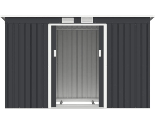 Magazie metalică de grădină cu ușă glisantă deschisă