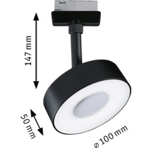 Spot LED de tavan negru cu dimensiunile de 147 mm înălțime, 50 mm adâncime și 100 mm diametru.