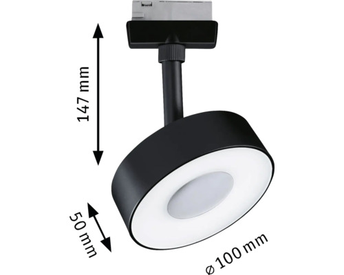 Spot LED de tavan negru cu dimensiunile de 147 mm înălțime, 50 mm adâncime și 100 mm diametru.