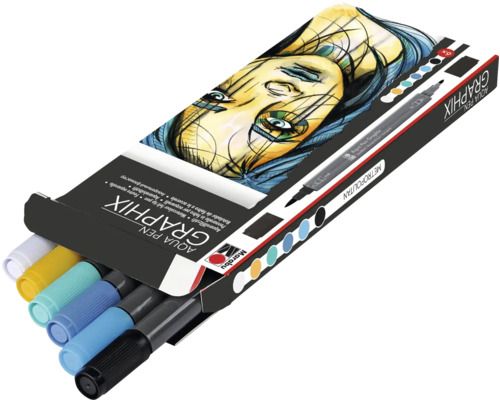 Set Marabu Aqua Pen Graphix Metropolitan cu șase pixuri în ambalaj deschis.