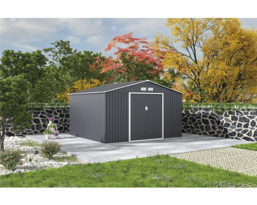 Magazie metalică de grădină cu ușă dublă în grădină.