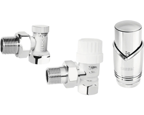 Set robineți radiator colțar (tur-retur) Ferro cu cap termostatic crom 1/2” Set robinet termostatic și cap termostatic Ferro