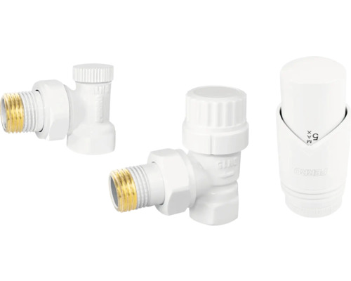 Set robineți radiator colțar (tur-retur) Ferro cu cap termostatic alb 1/2” Racord de conectare a radiatorului și cap termostatic pentru radiatoare