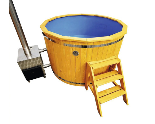 Cadă din lemn cu sobă și scară