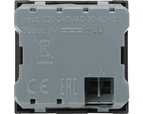 Vedere din spate a unei unități de alimentare cu informații tehnice, cum ar fi tensiunea de intrare și de ieșire, și marcajele CE și EAC