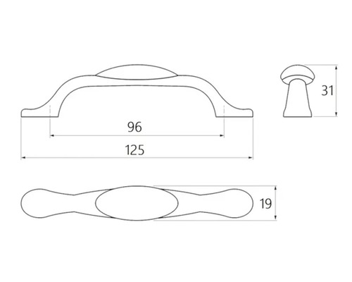 Desen tehnic al unui mâner de mobilă cu dimensiuni