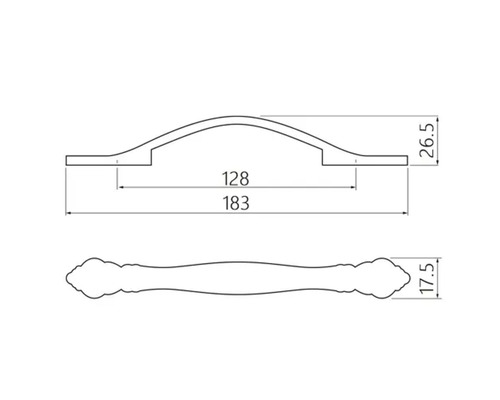 Desen tehnic al unui mâner de mobilă cu dimensiuni.