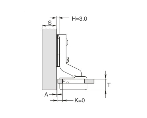 Desen tehnic al unei balamale de mobilă cu dimensiuni