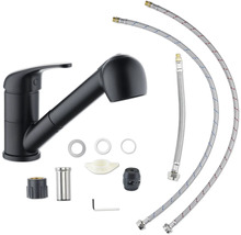 Baterie de bucătărie neagră cu accesorii și furtunuri de conectare