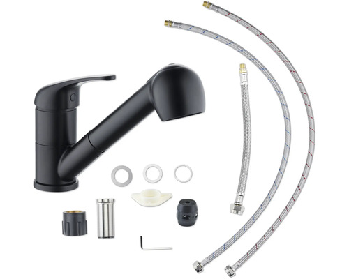 Baterie de bucătărie neagră cu accesorii și furtunuri de conectare