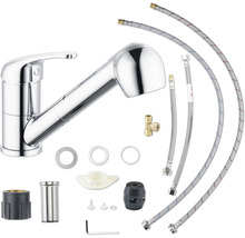 Baterie de bucătărie cu duș extractibil și accesorii de montaj