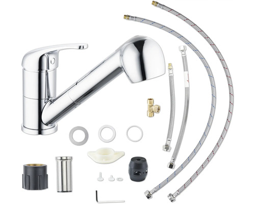 Baterie de bucătărie cu duș extractibil și accesorii de montaj
